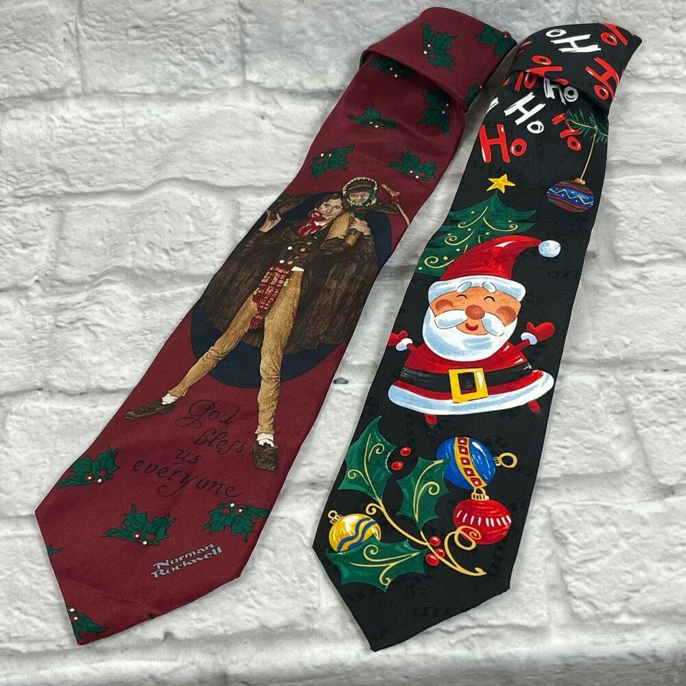 Lot Of 2 Christmas Neck Ties Norman Rockwell and Yule Tie Greetings by Hallmark